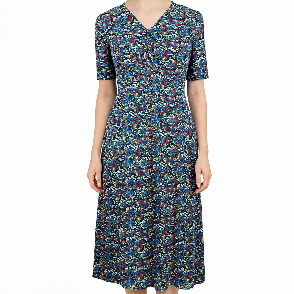 BODEN Tessa Ditsy Floral Midi Dress V-Neck Black A-Line Cottage Size US 8 UK 12